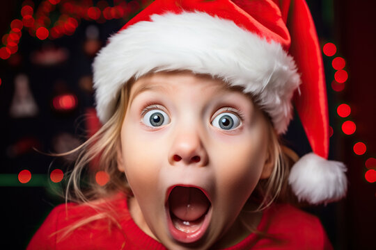 Excited little girl with big eyes in Santa Claus costume, bright red background.