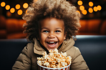 Funny and ridiculous African American child boy eats caramel popcorn