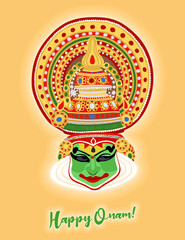 Happy Onam! Colorful vector illustration of Kathakali dancer. Onam festival of South India Kerala.