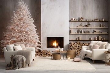 Winter Cozy. Scandinavian Hygge Living Room with Armchair, Sheepskin Throw, and Glowing Candles