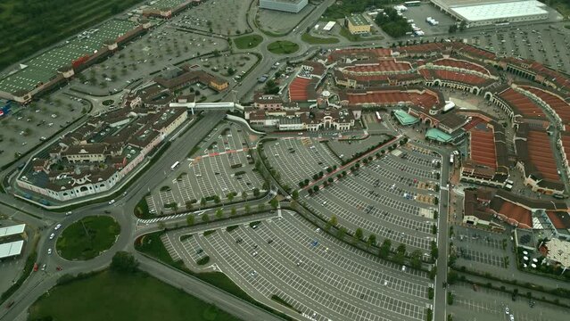 Aerial shot of an Italian fashion outlet in Serravalle Scrivia, Italy