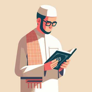 Illustration of a person in Muslim clothing reading the Koran. Islamic person cartoon characters.