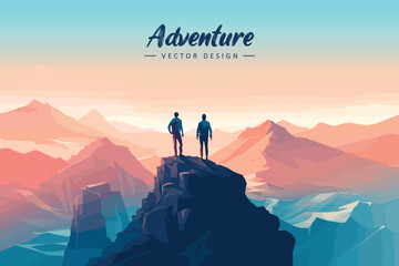 couple stand on cliff on mountain view vector illustration - obrazy, fototapety, plakaty