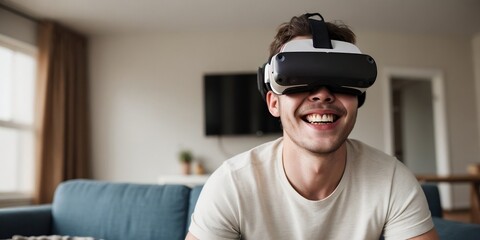 A happy man wearing VR glasses enjoying the virtual reality world at his home. Virtual Reality Technology concept.