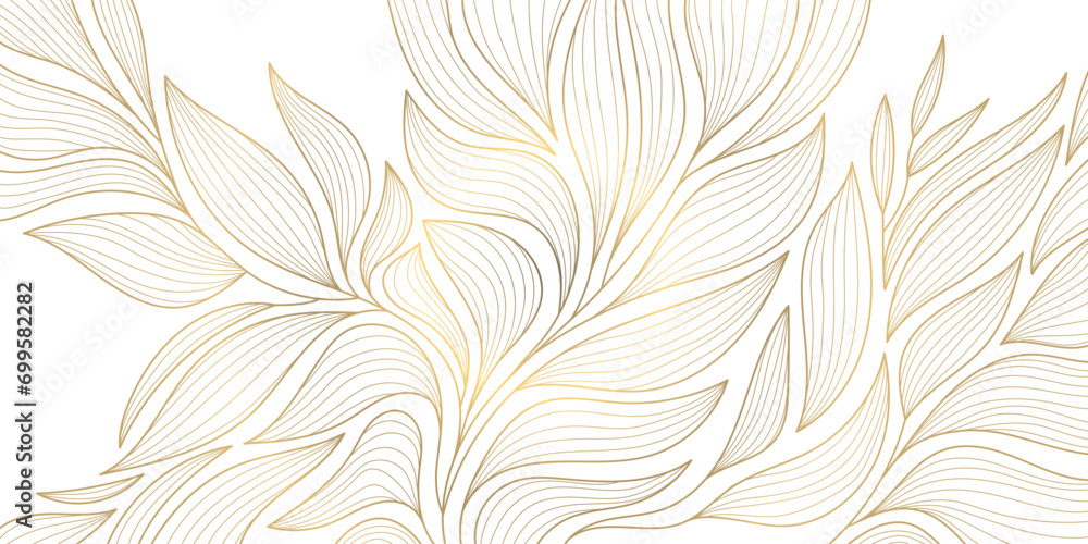 Wall mural vector golden leaves background, luxury abstract wavy floral art. nature design texture, line illust