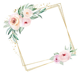 Frame made of light pink watercolor flowers and green leaves, wedding isolated illustration