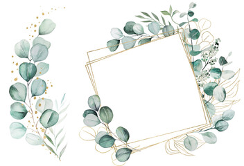 Frame and bouquet with green and golden watercolor eucalyptus leaves, wedding illustration © katrinshine