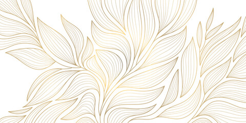 Vector golden leaves background, luxury abstract wavy floral art. Nature design texture, line illustration, foliage wallpaper. - obrazy, fototapety, plakaty