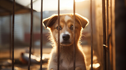 Homeless dog waiting for adoption in shelter cage