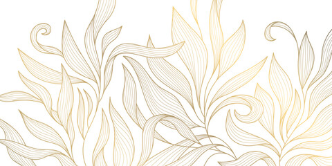 Vector golden leaves background, luxury abstract wavy floral art. Nature design texture, line illustration, foliage wallpaper. - 699582807