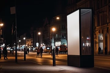 Gordijnen Mock up blank billboard with clipping path, Outdoor vertical large advertising board on the evening, in the night street of city. Empty space to insert text , advertising or graphic design, informatio © MarijaBazarova