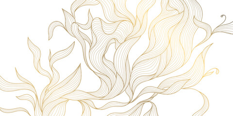 Vector golden leaves background, luxury abstract wavy floral art. Nature design texture, line illustration, foliage wallpaper. - obrazy, fototapety, plakaty