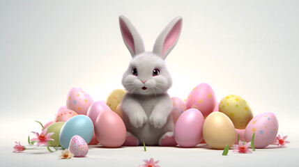 Naklejka na ściany i meble Cute Easter Bunny with easter eggs. AI generative.