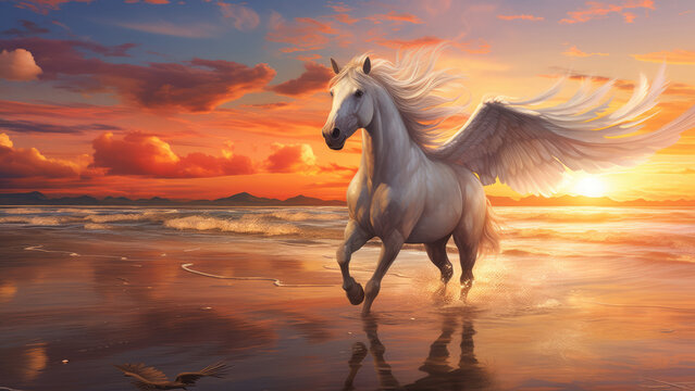 Photo of a horse running along the seashore against the background of the sunset.
