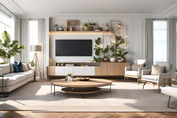 3D rendering of a bright and beautifully decorated living room, focusing on a large TV as a central element. 