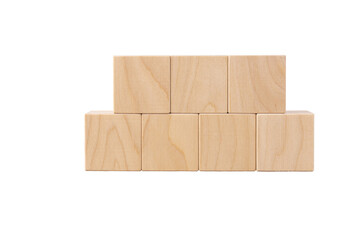 Seven wooden cubes stacked in the form of a pyramid. transparent isolated background. Copy space.