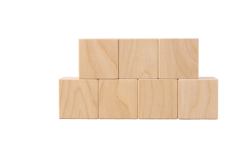 Seven wooden cubes stacked in the form of a pyramid. transparent isolated background. Copy space.