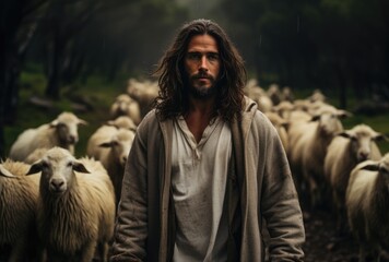 Jesus Christ is a shepherd, peaceful in a meadow with a flock of sheep, preacher of religion, Christianity - obrazy, fototapety, plakaty