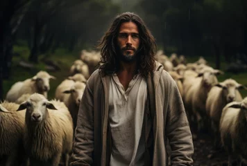 Fotobehang Jesus Christ is a shepherd, peaceful in a meadow with a flock of sheep, preacher of religion, Christianity © Gizmo
