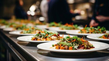 Catering buffet in hotel restaurant. Food styling and restaurant meal serving concept.