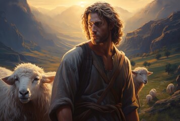Jesus Christ is a shepherd, peaceful in a meadow with a flock of sheep, preacher of religion,...