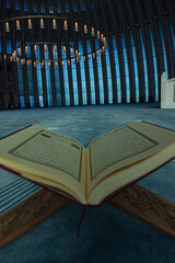 Islamic background photo. The Holy Quran on the book stand in a mosque