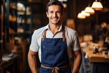 Fototapeta premium Portrait of a smiling male craftsman in apron working in his workshop