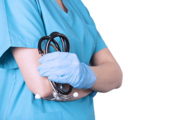 Female doctor in medical clothes and with a stethoscope. Transparent background.