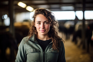 Portrait of a smiling young female farmer standing in cowshed and looking at camera