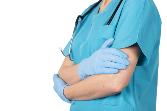 Female doctor in medical clothes and with a stethoscope. Transparent background.