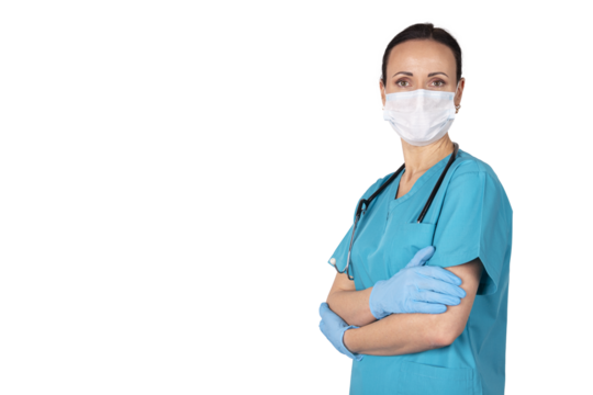 A female doctor in medical clothing looking straight ahead. Transparent background.