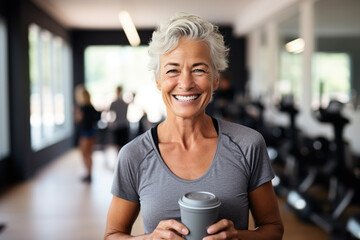 Portrait of smiling senior woman holding coffee to go in fitness studio - obrazy, fototapety, plakaty