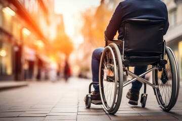 Man in wheelchair navigating through city streets. Accessibility and mobility. - obrazy, fototapety, plakaty