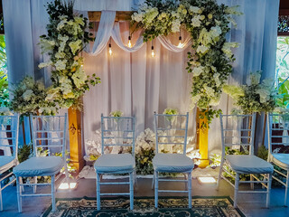 wedding stage decoration. wedding decoration with flowers and leaves