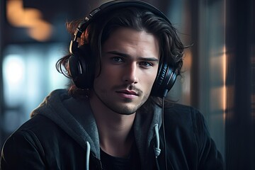 A young charismatic, handsome and sad guy in black clothes on a dark background listens to music in black headphones.