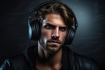 A young charismatic, handsome and sad guy in black clothes on a dark background listens to music in black headphones.