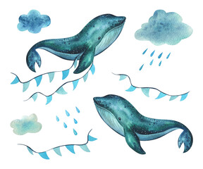 A baby whale swims on the sea and flies in the sky with garlands of flags among the clouds and raindrops. Hand drawn children's watercolor illustration. Set of isolated objects on a white background.