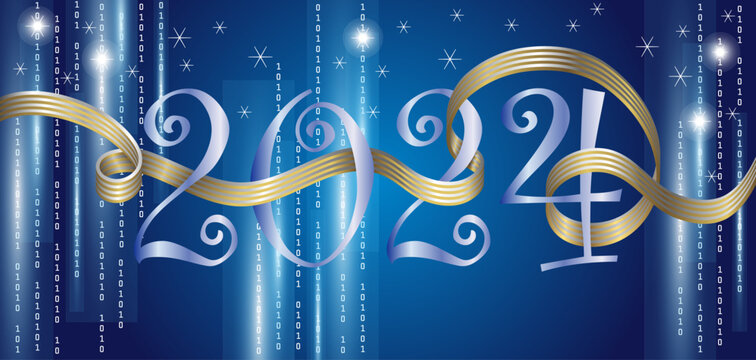 2024 - carte de vœux avec des chiffres stylisés entrelacés d’un ruban or et argent sur un fond hivernal avec une pluie de chiffres binaires venant des étoiles.
