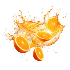 Oranges blasts, flying in the air, juice from all the directions,  isolated on transparent background, generative AI