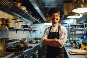 Portrait of a confident chef standing in a restaurant kitchen, generative AI