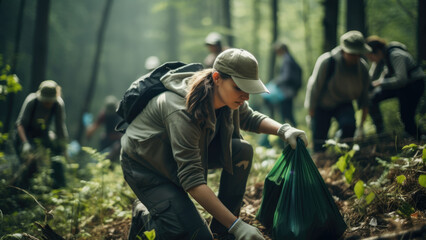 A group of people cleaning and removing garbage in the forest, preserving nature.
