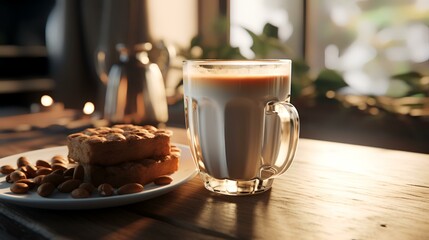 Cup of coffee with cookies on wooden table in cafe, closeup - obrazy, fototapety, plakaty