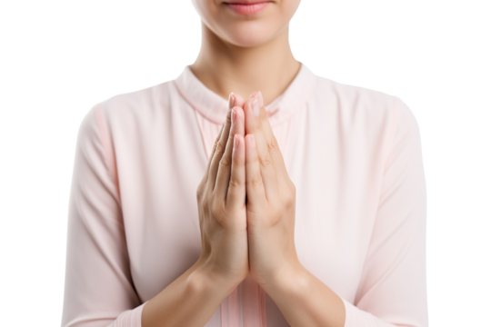 female hands praying isolated on white background