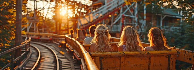 urging pals on a roller coaster at a theme park. - obrazy, fototapety, plakaty