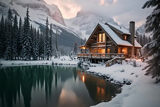 Beautiful view of Emerald Lake with wooden lodge glowing and snowfall in pine forest on winter
