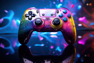 A vibrant neon gamepad, featuring an abstract game console with buttons and joysticks. - obrazy, fototapety, plakaty