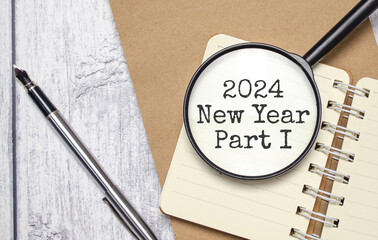 2024 NEW YEAR CHAPTER ONE words on magnifying glass with pen and papers