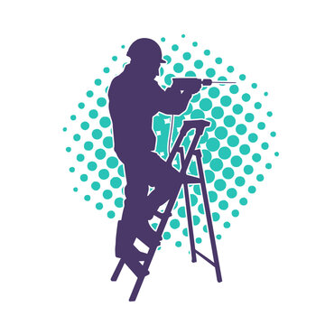 recommend clip art: Silhouette of a worker doing job with driller power tool. 
