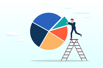 Businessman investor or financial planner standing on ladder to arrange pie chart as rebalancing investment portfolio to suitable for risk or return, investment asset allocation and rebalance (Vector) - obrazy, fototapety, plakaty