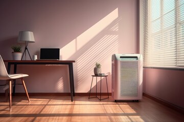 A modern white air purifier with dehumidifying features placed on a parquet floor creates a refreshing air oasis.